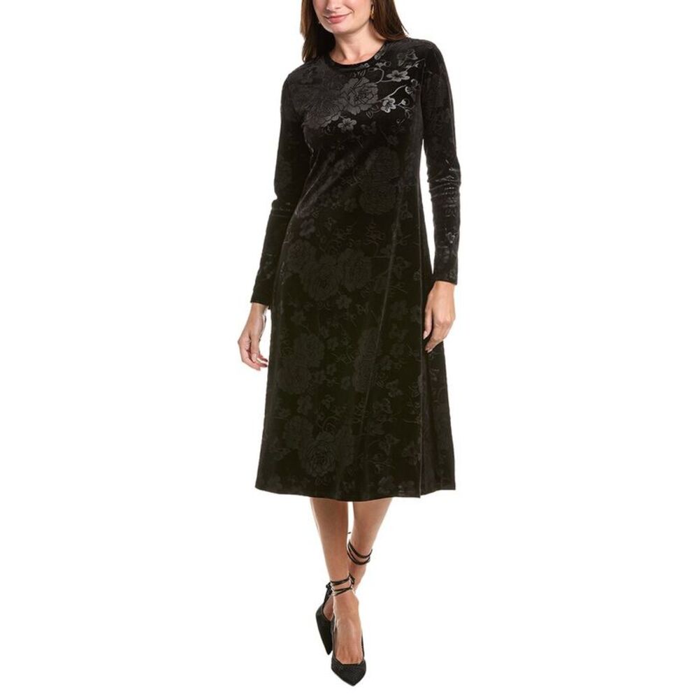 Johnny Was Womens Embossed Stretch Velvet Midi Dress, Black